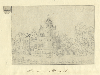201928 Gezicht op het kasteel Ruwiel bij Ter Aa uit het oosten.N.B. De naam Ter Aa is later gewijzigd in Nieuwer Ter ...